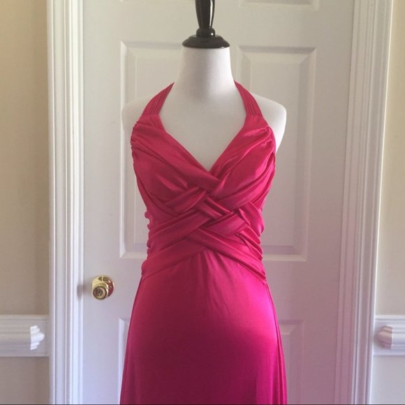 Fuchsia Pink Halter Satin Prom Dress - Picture 4 of 13